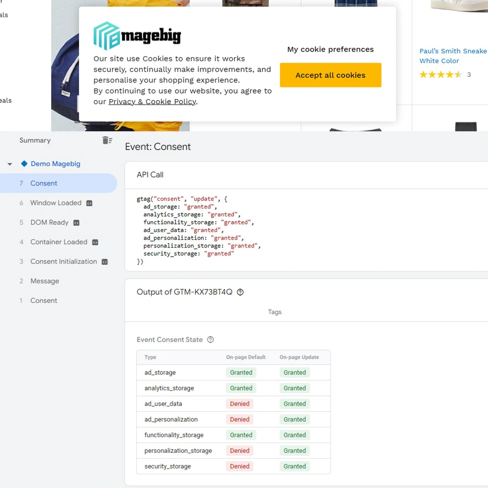 Visitor consent interface and GTM debug view showing Consent Mode default and update states