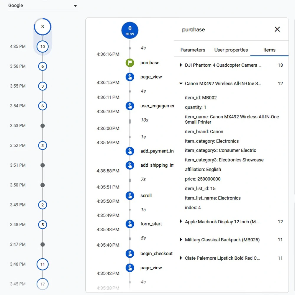 GA debug view showing a Magento purchase event and item parameters