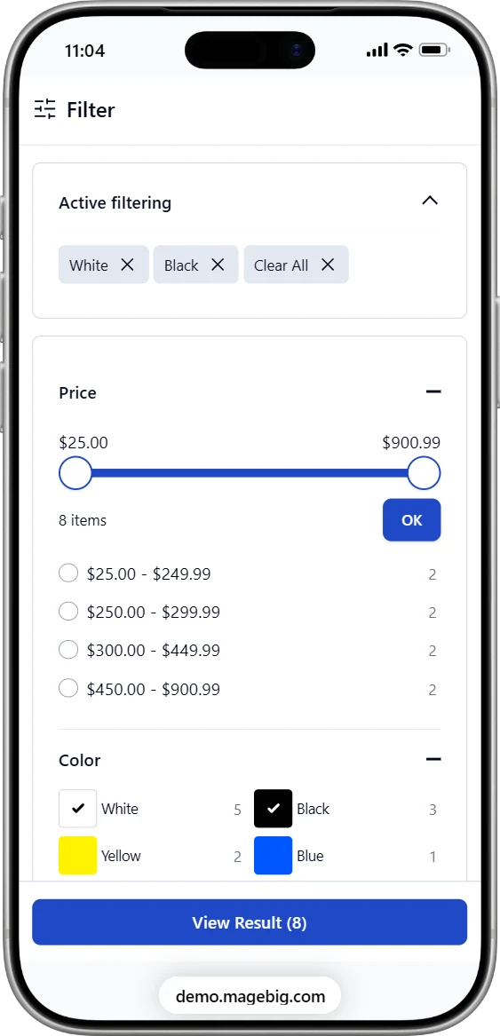 Mobile filter drawer with active White and Black filters, a price slider, color swatches and a View Result button