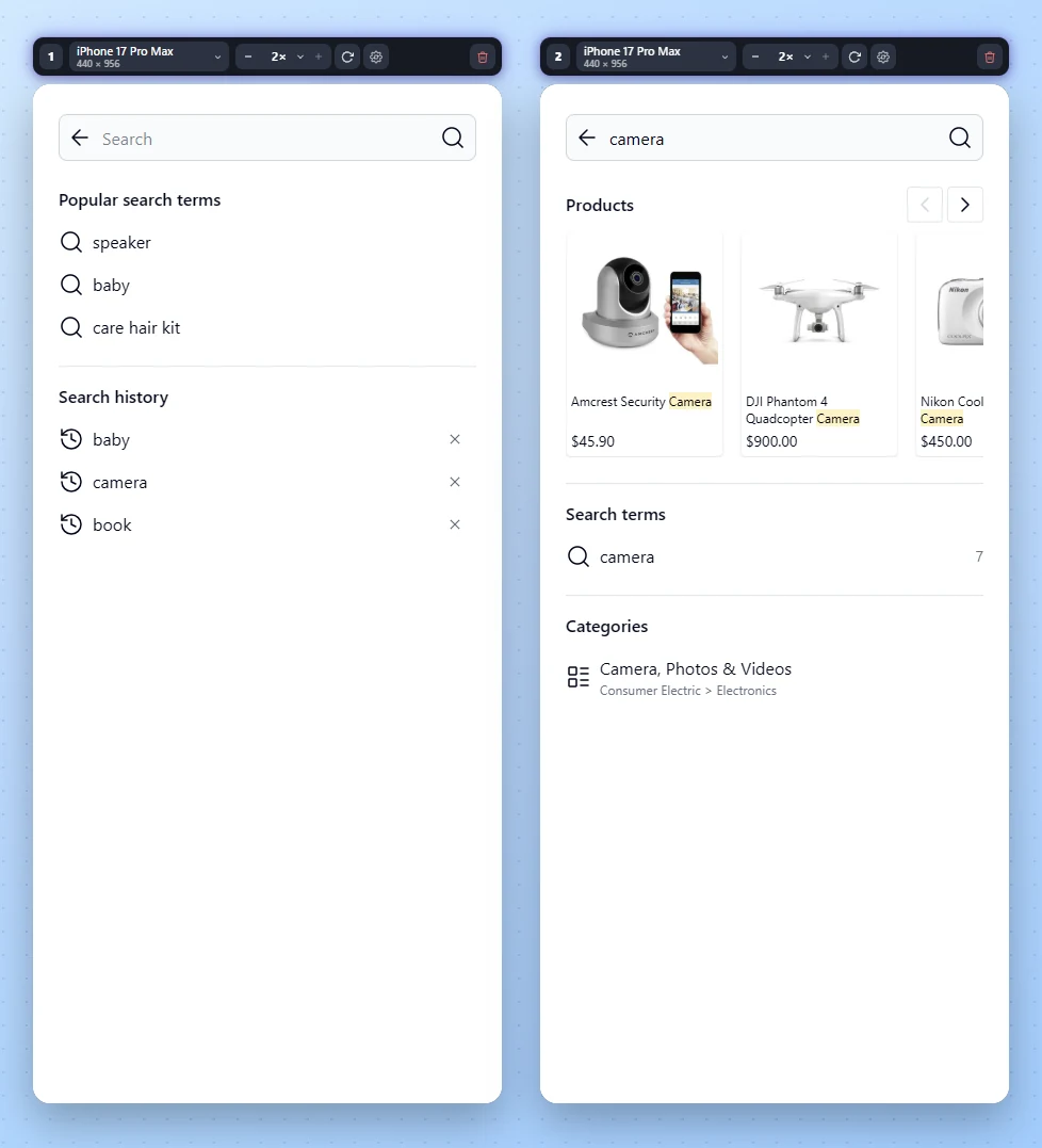 Mobile search showing popular terms, recent searches, camera product suggestions and matching categories